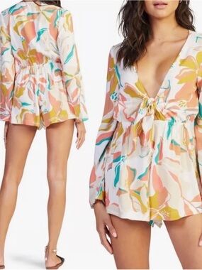 NWOT Roxy Here We Are Tie-Front Romper in Pastel Boho Floral